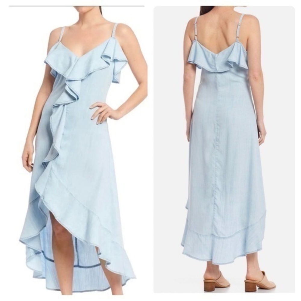 Reba Spring Escape Chambray Midi Dress Tired Ruffles High Low Maxi